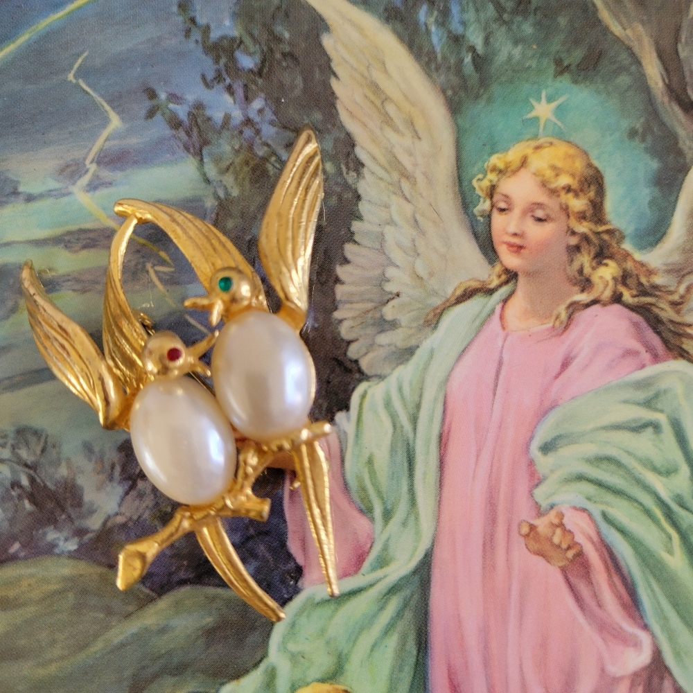 Brooch  Birds on Branch ~ Gold-tone Metal Faux Pearl Rhinestone Eyes FINAL PRICE - Picture 5 of 16